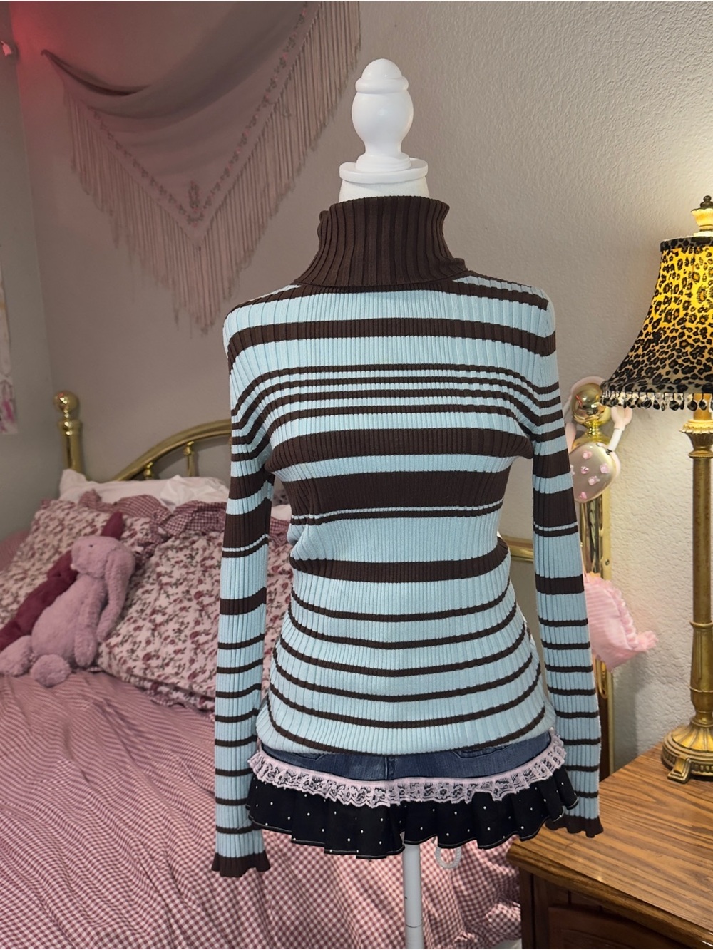 Y2K Striped Ribbed Turtleneck Sweater - Brown & Light Blue